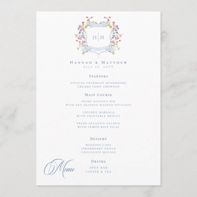 Elegant Dusty Blue Pastel Wildflower Crest Wedding Meny (Framsida)