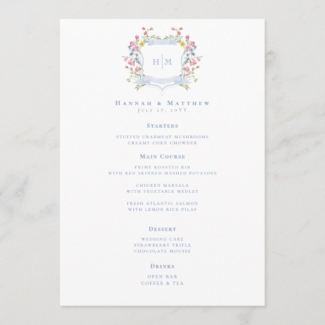 Elegant Dusty Blue Pastel Wildflower Crest Wedding Meny (Framsida)