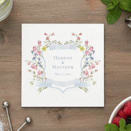 Elegant Dusty Blue Pastel Wildflower Crest Wedding Pappersservett