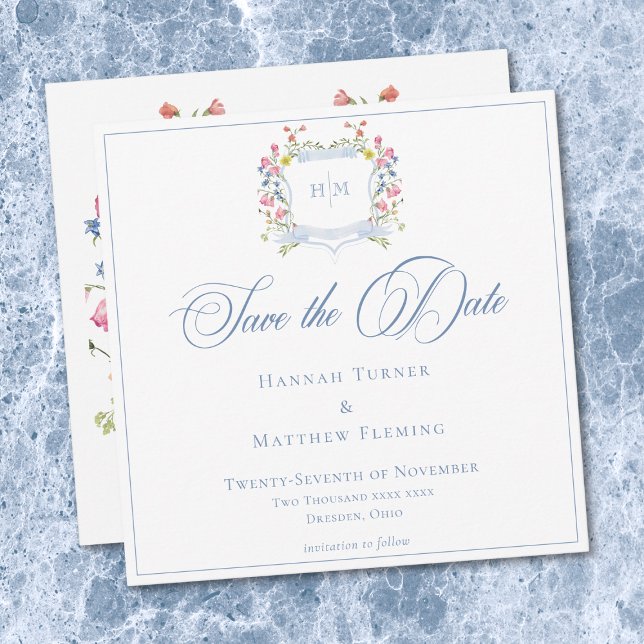 Elegant Dusty Blue Pastel Wildflower Crest Wedding Spara Datumet (Elegant Blue Pastel Wildflower Crest Wedding Save The Date)