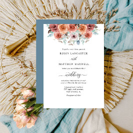 Elegant Dusty Blue, Peach och Blommigten Bröllop Inbjudningar
