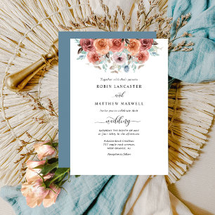 Elegant Dusty Blue, Peach och  Blommigten Bröllop Inbjudningar