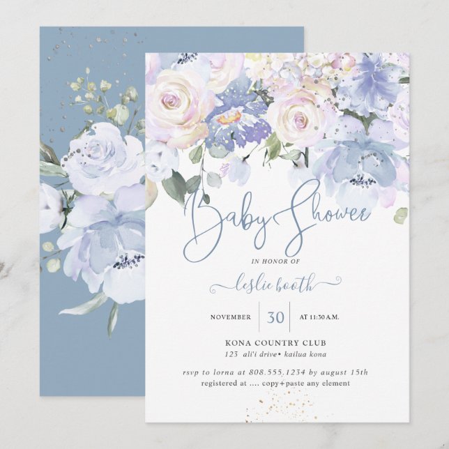Elegant Dusty Blue Peonies Cream Ro Baby Shower Inbjudningar (Fram/baksida)