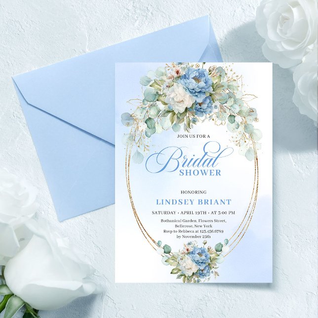 Elegant Dusty Blue Peonies Eucalyptus Gold Bridal  Inbjudningar (Elegant Dusty Blue Peonies Eucalyptus Gold Bridal Invite)
