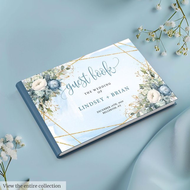 Elegant Dusty Blue Peonies Guld Bröllop Guest Bok (Elegant Dusty Blue White Gold Floral Guest Book)