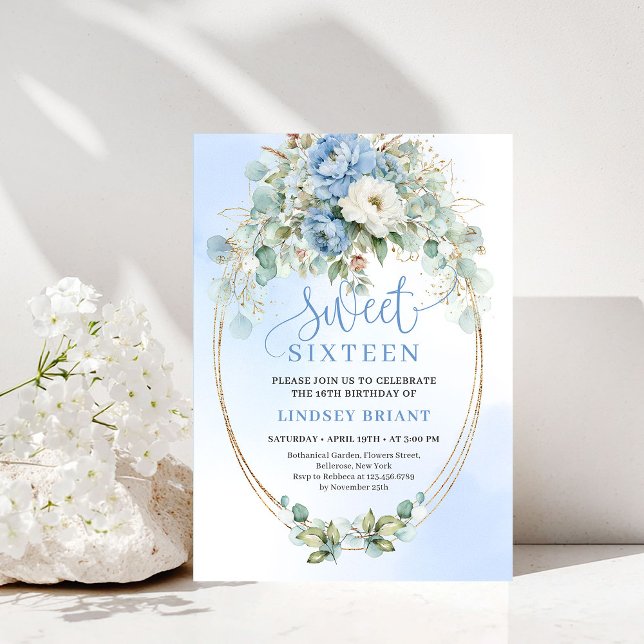 Elegant Dusty Blue Peonies Sweet Sixteen Celebrati Inbjudningar (Elegant Dusty Blue Peonies Sweet Sixteen Celebration)