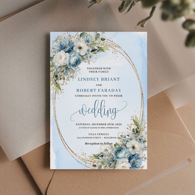 Elegant Dusty Blue Peony Floral Gold Glitter Invit Inbjudningar (Elegant Dusty Blue Peony Floral Gold Glitter Invitation)