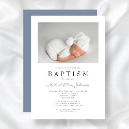 Elegant Dusty Blue Photo Boy Baptism Inbjudningar