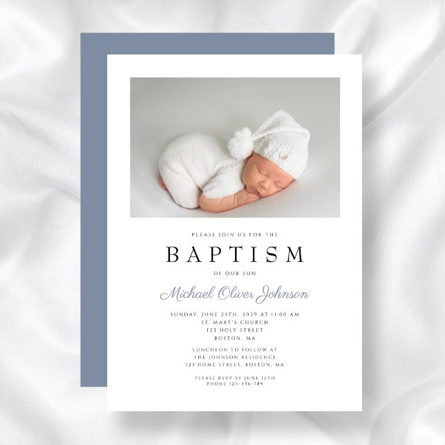 Elegant Dusty Blue Photo Boy Baptism Inbjudningar (Elegant Dusty Blue Photo Boy Baptism Invitation)