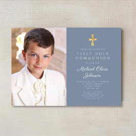 Elegant Dusty Blue Photo Boy First Communion Inbjudningar
