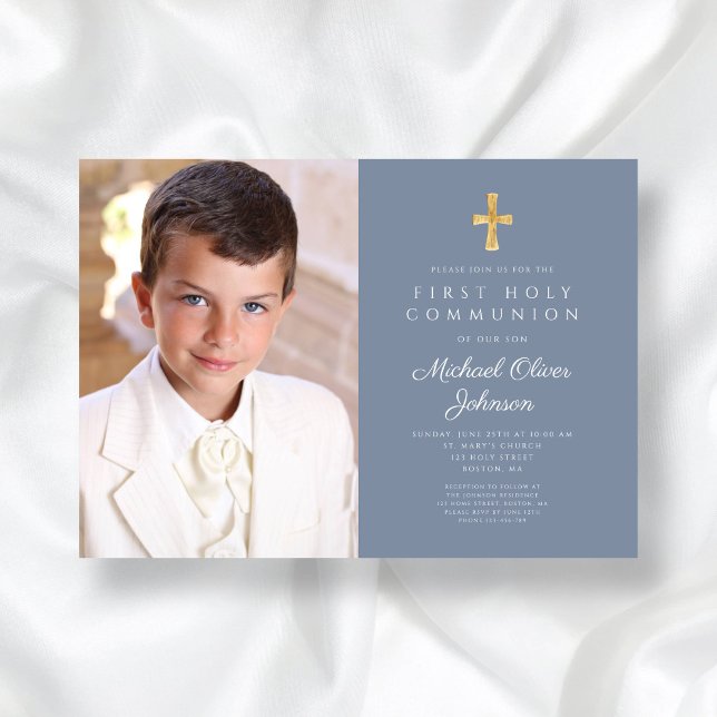 Elegant Dusty Blue Photo Boy First Communion Inbjudningar (Elegant Dusty Blue Photo Boy First Communion Invitation)