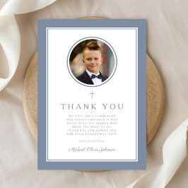 Elegant Dusty Blue Photo Boy First Communion Tack Kort