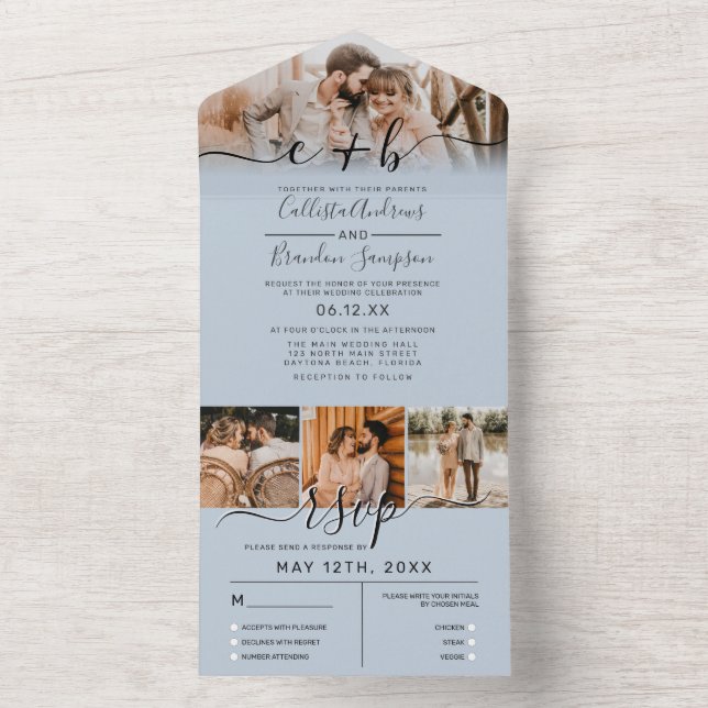 Elegant Dusty Blue Photo Monogram Bröllop OSA (Insida)
