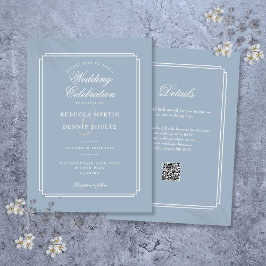Elegant Dusty Blue QR Code Art Deco Bröllop Inbjudningar