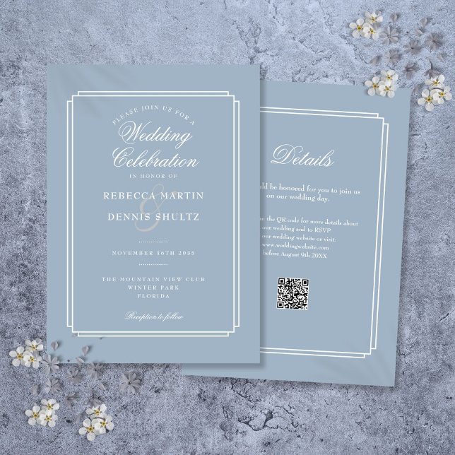 Elegant Dusty Blue QR Code Art Deco Bröllop Inbjudningar (Elegant Dusty Blue QR Code Art Deco Wedding Invitation)