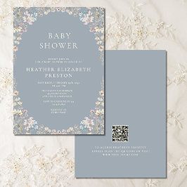 Elegant Dusty Blue QR Code Wildflower Baby Shower Inbjudningar