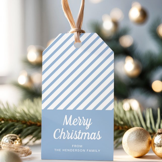 Elegant Dusty Blue Rand jul Presentetikett (Elegant Dusty Blue Stripes Christmas Gift Tags)