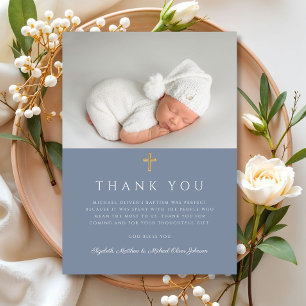 Elegant Dusty Blue Religiösa Boy Baptism Photo Tack Kort