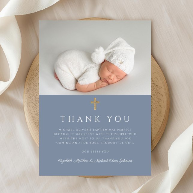 Elegant Dusty Blue Religiösa Boy Baptism Photo Tack Kort (Elegant Dusty Blue Religious Boy Baptism Photo Thank You Card)