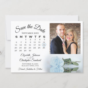 Elegant Dusty Blue Ro Calendar & Photo Bröllop Spara Datumet
