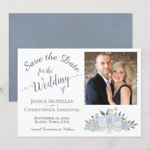 Elegant Dusty Blue Ro Calligraphy Photo Bröllop Spara Datumet