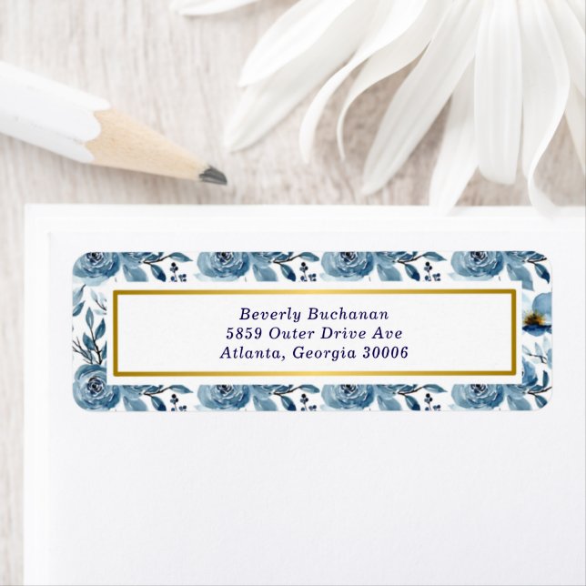 Elegant Dusty Blue Ro Guld accent Returadress Etikett (Insitu)