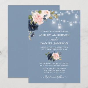 Elegant Dusty Blue Rosa Blommigt Burk Ljus Bröllop Inbjudningar