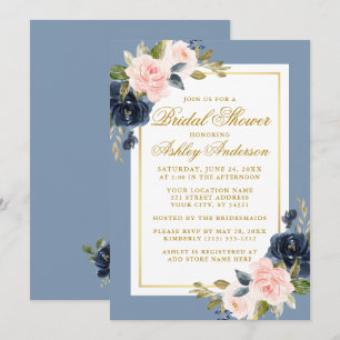 Elegant Dusty Blue Rosa Blommigt Möhippa Guld Inbjudningar