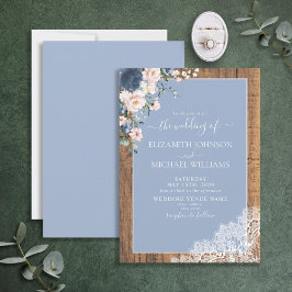 Elegant Dusty Blue Rustic Wood Snöre Bröllop Inbjudningar