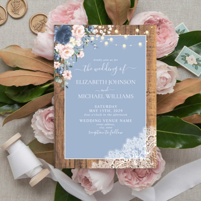 Elegant Dusty Blue  Rustic Wood Snöre Script Inbjudningar (Skapare uppladdad)