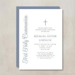 Elegant Dusty Blue Script Boy First Communion Inbjudningar
