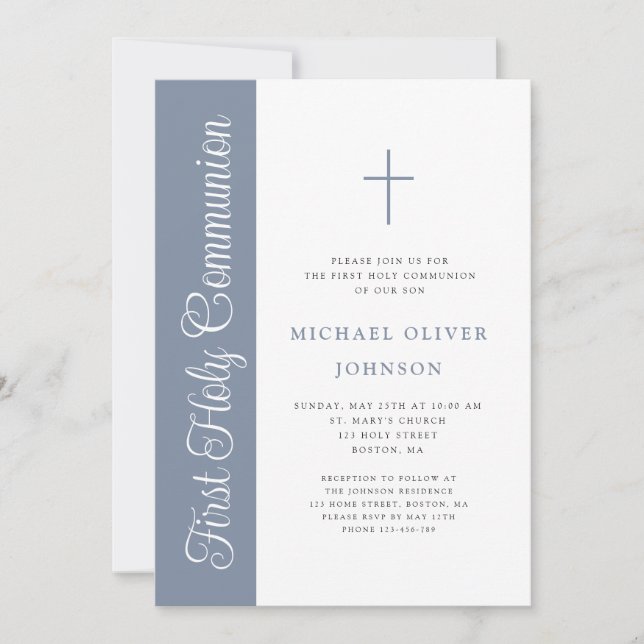 Elegant Dusty Blue Script Boy First Communion Invi Inbjudningar (Framsida)