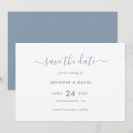 Elegant Dusty Blue Script Bröllop spara datum Datumet