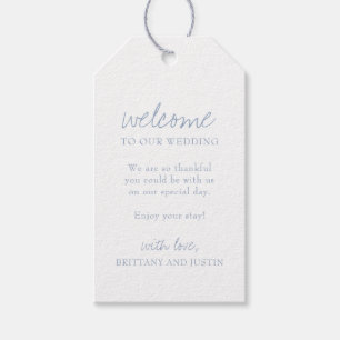 Elegant Dusty Blue Script Bröllop Welcome Gift Mär Presentetikett