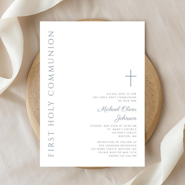 Elegant Dusty Blue Script First Heliga Communion Inbjudningar (Elegant Dusty Blue Script First Holy Communion Invitation)
