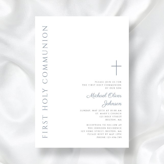 Elegant Dusty Blue Script First Heliga Communion Inbjudningar (Elegant Dusty Blue Script First Holy Communion Invitation)