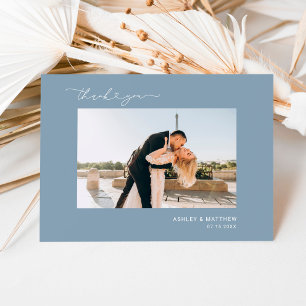 Elegant Dusty Blue Script Heart Photo Bröllop Tack Kort