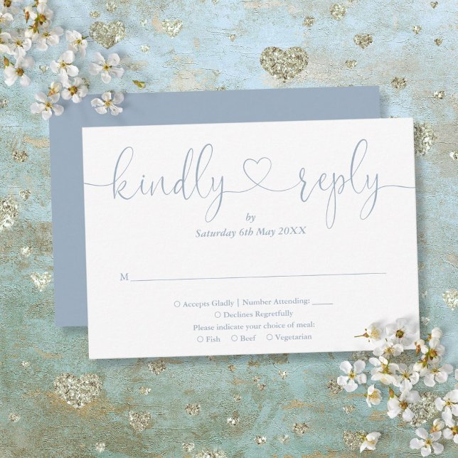 Elegant Dusty Blue Script Heart Svara vänligt OSA Kort (Elegant Dusty Blue Script Heart Kindly Reply RSVP Card)