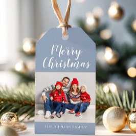 Elegant Dusty Blue Script-julfoto Presentetikett