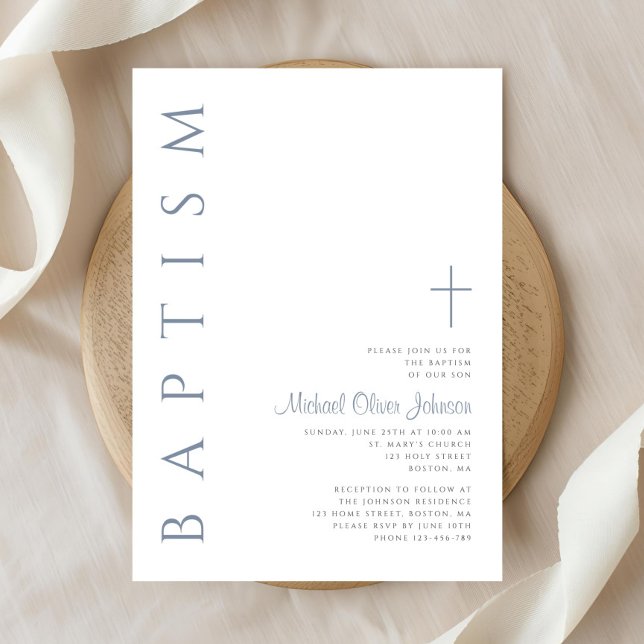 Elegant Dusty Blue Script Kor Baptism Inbjudningar (Elegant Dusty Blue Script Cross Baptism Invitation)