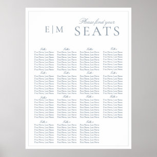 Elegant Dusty Blue Script Monogram Bröllop-säte Poster