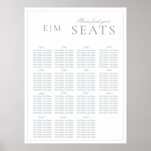 Elegant Dusty Blue Script Monogram Bröllop-säte Poster (Framsidan)