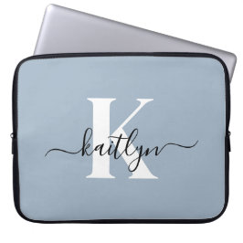 Elegant Dusty Blue Script Monogram Laptop Fodral