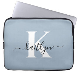 Elegant Dusty Blue Script Monogram Laptop Fodral