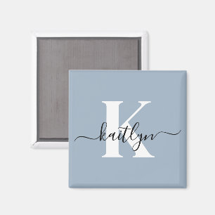 Elegant Dusty Blue Script Monogram Magnet