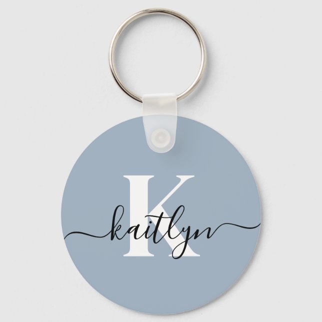 Elegant Dusty Blue Script Monogram Nyckelring (Framsida)