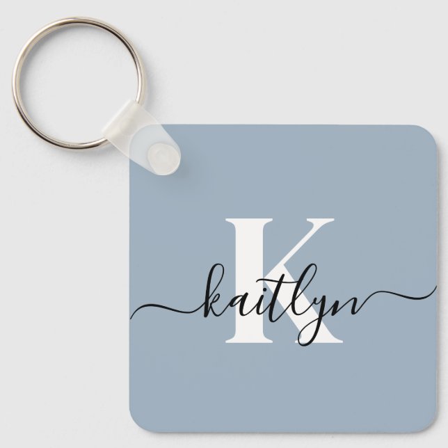 Elegant Dusty Blue Script Monogram Nyckelring (Framsida)