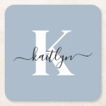 Elegant Dusty Blue Script Monogram Underlägg Papper Kvadrat<br><div class="desc">De här enkla, dammiga pappra underläggen med elegant i svart och med det första namn i ett trendig i svart och det första i ett modernt teckensnitt i vitt är perfekt för att hålla bord och räknare fria från vatten ringar. De absorberar droppar så att du inte behöver oroa dig...</div>