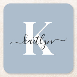 Elegant Dusty Blue Script Monogram Underlägg Papper Kvadrat
