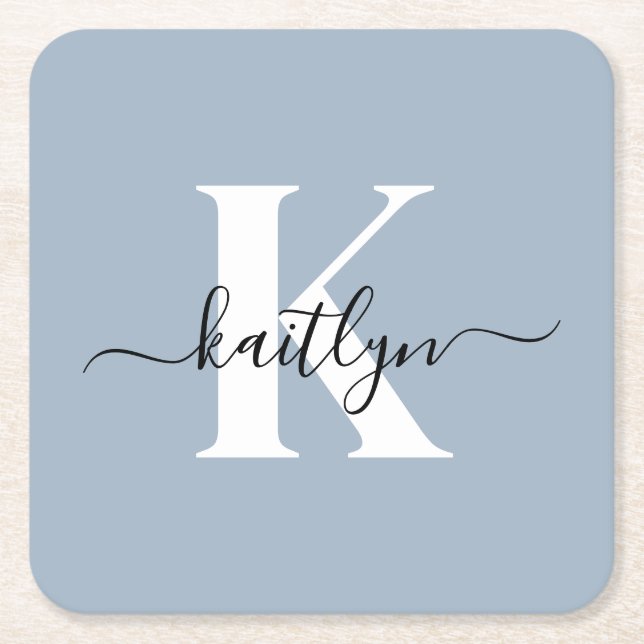 Elegant Dusty Blue Script Monogram Underlägg Papper Kvadrat (Framsidan)